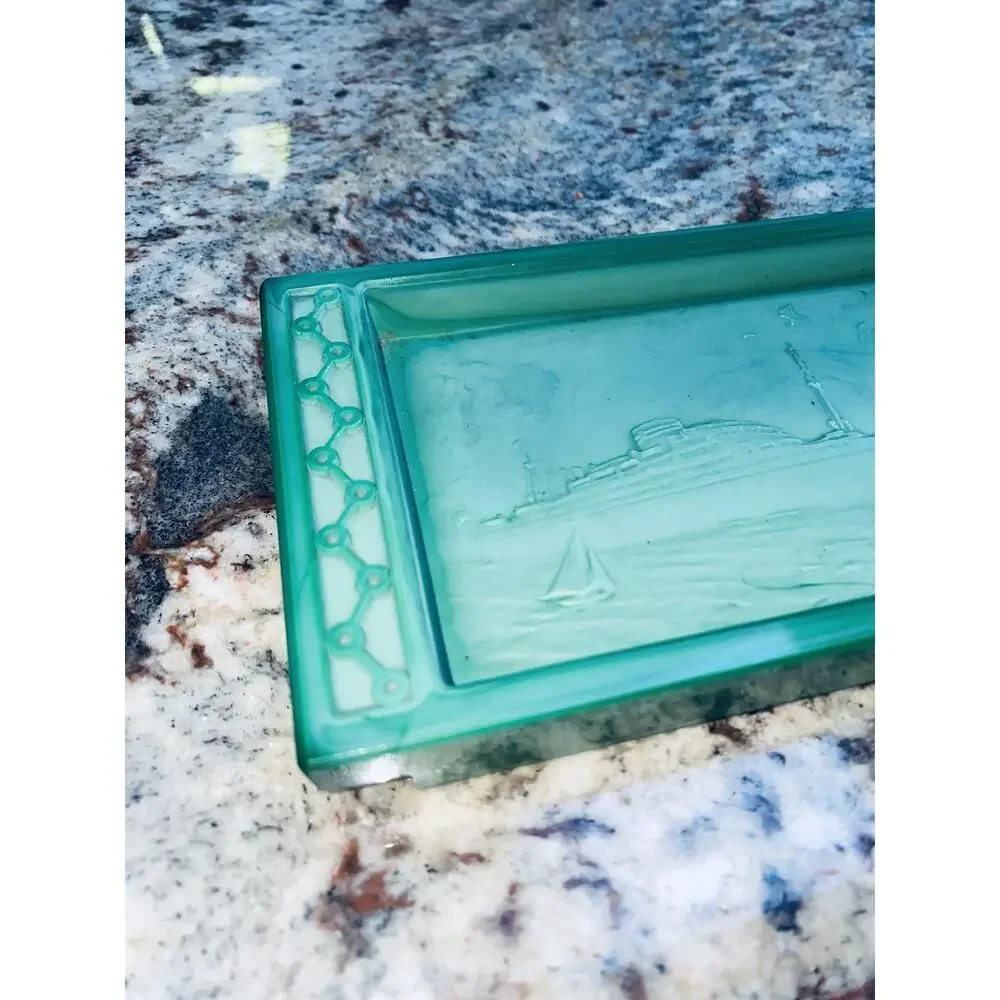 Ship Brasil Maru O.S.K Line Malachite Glass Made In Japan Ashtray Shipping Cargo